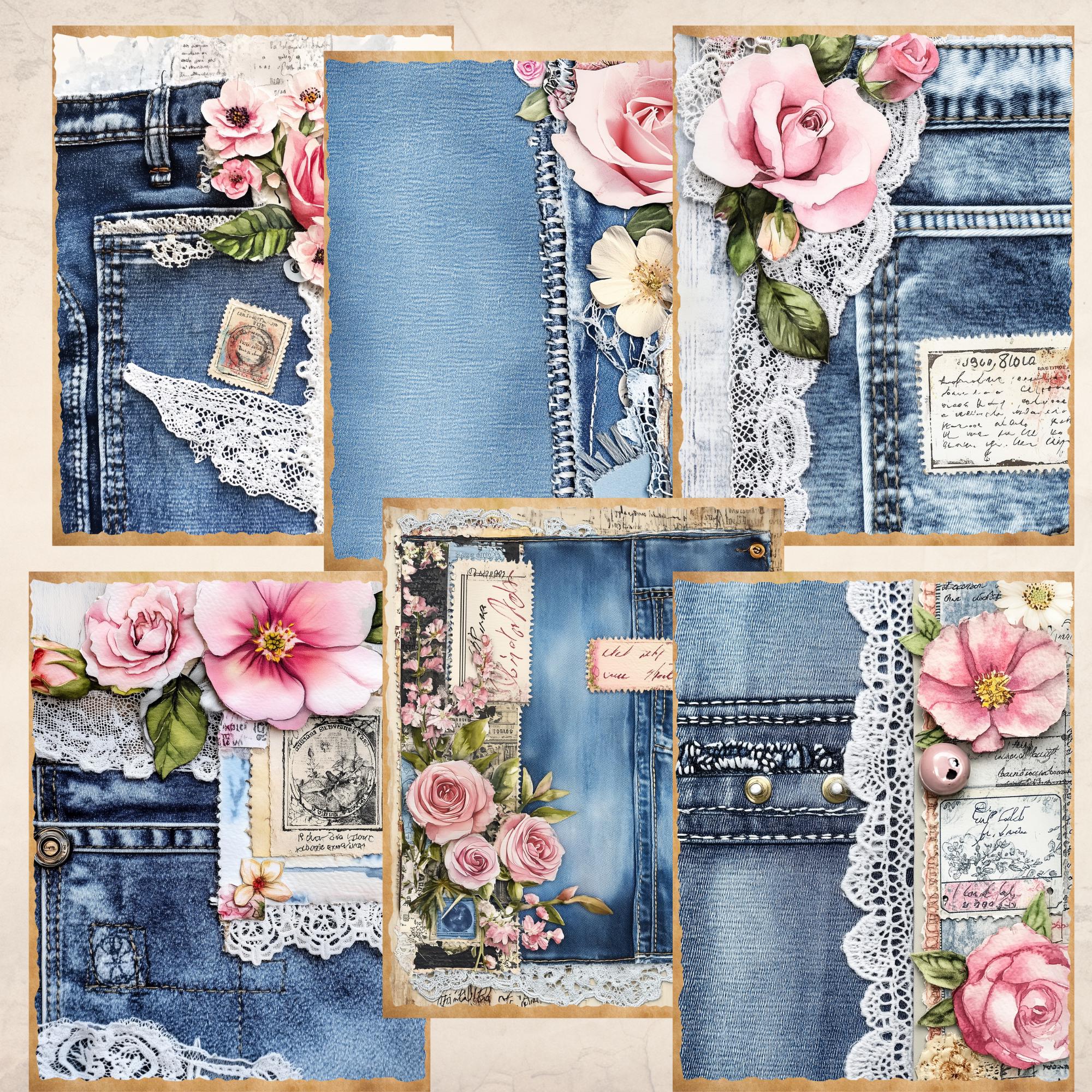 Denim Flowers Lace Junk Journal Pages | Printable Digital Paper Pack ...