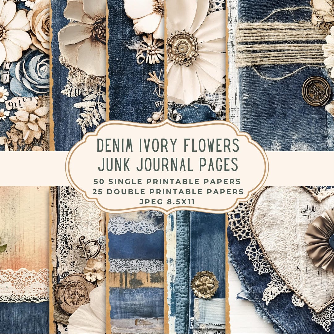 Denim Flowers Lace Junk Journal Pages | Printable Digital Paper Pack ...