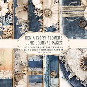 Denim Flowers Lace Junk Journal Pages | Printable Digital Paper Pack | Jeans Scrapbooking Kit | Patchwork Ephemera | Vintage Journal Paper
