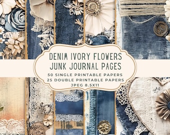 Denim Flowers Lace Junk Journal Pages | Printable Digital Paper Pack ...