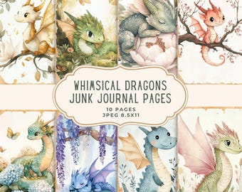 Zestaw do dziennika „Whimsical Dragons Junk Journal”, strony do druku z motywem kwiatowym, fantazyjne scrapbooking, pobieranie cyfrowe