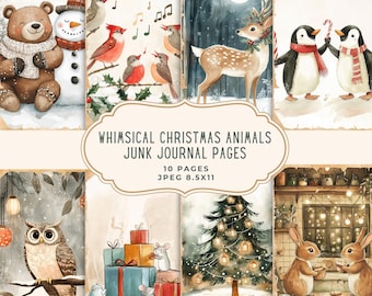 Whimsical Christmas Animals Junk Journal Kit, Printable Pages, Holidays Scrapbooking, Digital Download