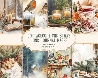 Op de afbeelding: Een verzameling Cottagecore Christmas junk journal pagina's. De pagina's bevatten aquarel illustraties van winterse taferelen, vogels, kaarsen en gezellige vakantie-elementen. De tekst op de afbeelding luidt "Cottagecore Christmas Junk Journal Pages 10 Pages JPEG 8.5x11".