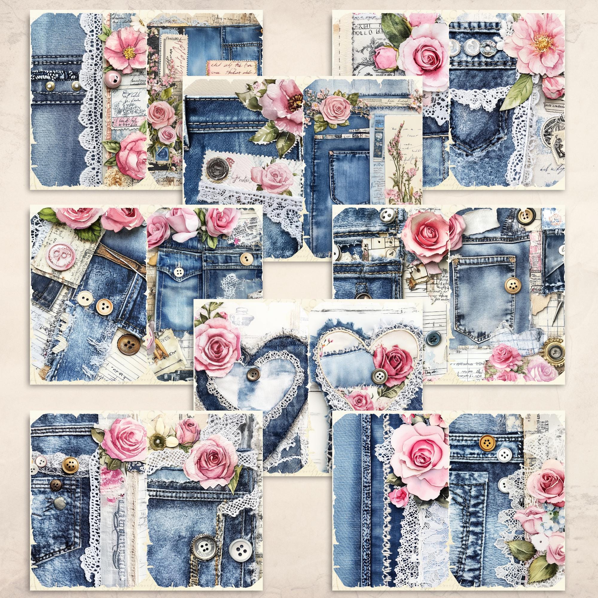 Denim Flowers Lace Junk Journal Pages | Printable Digital Paper Pack ...