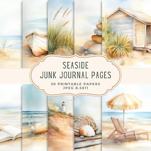 Seaside Junk Journal Ephemera Pages | Printable Beach Digital Paper | Coastal Watercolor Scrapbooking Paper | Ocean Junk Journal Kit