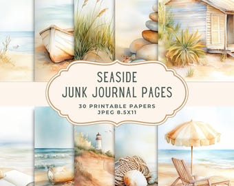 May include: A collection of watercolor-style printable journal pages with a seaside theme. The pages feature images of a boat, beach, lighthouse, and beach hut. The text on the image reads "Seaside Junk Journal Pages" and "30 Printable Papers JPEG 8.5x11".