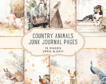 May include: Watercolor illustrations of country animals, including pigs, goats, an owl, a dog, a donkey, a turkey, a rooster, and a peacock. The text "COUNTRY ANIMALS JUNK JOURNAL PAGES" is displayed, along with "15 PAGES" and "JPEG 8.5X11".