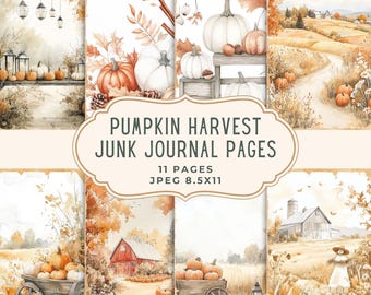 May include: A collection of 11 watercolor-style junk journal pages with a pumpkin harvest theme. The pages feature pumpkins, autumn leaves, and rustic scenes in shades of orange, brown, and white. The text "Pumpkin Harvest Junk Journal Pages" is displayed.