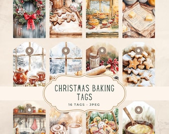 Könnte beinhalten: Eine Sammlung von 16 Weihnachtsbäckerei-Anhängern mit Aquarellillustrationen. Die Anhänger zeigen festliche Szenen von Kränzen, Lebkuchenmännern, Backwaren und gemütlichen Winterszenen. Die Anhänger sind im rustikalen Vintage-Stil gestaltet.