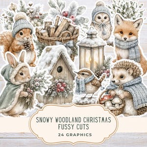 May include: A collection of stickers featuring a squirrel, a rabbit, an owl, a fox, a hedgehog, and a bird, all wearing winter clothing. Also included are a snow-covered birdhouse, a lantern, and a basket of logs. Text reads: SNOWY WOODLAND CHRISTMAS FUSSY CUTS 24 GRAPHICS.