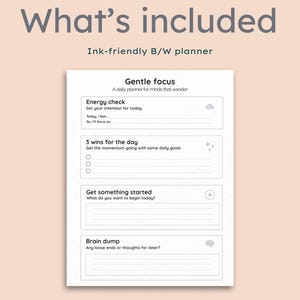 May include: A black and white planner with the text "What's included" and "Ink-friendly B/W planner". The planner includes sections for energy checks, daily goals, and a brain dump. The background is a light peach color.