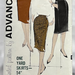 May include: Vintage skirt sewing pattern. The pattern shows three skirt designs in brown, black, and patterned fabric. The text on the pattern reads "Advance" and "One Yard Skirts - 137cm Fabrics". The waist size is 66cm.