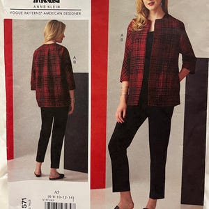 May include: Anne Klein Vogue Patterns American Designer V1571 sewing pattern. The pattern features a red and black plaid jacket and black trousers. The pattern includes sizes 6-8-10-12-14.