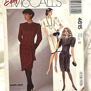 May include: A vintage McCall's sewing pattern featuring illustrations of three dresses. The pattern includes a burgundy long-sleeve dress, a white dress with a black bow, and a polka-dot dress. The pattern size is 12.