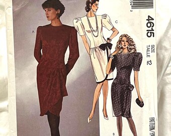 Molde de costura para vestidos vintage McCall's dos anos 80 - 4615 - SEM CORTES - Tamanhos 12