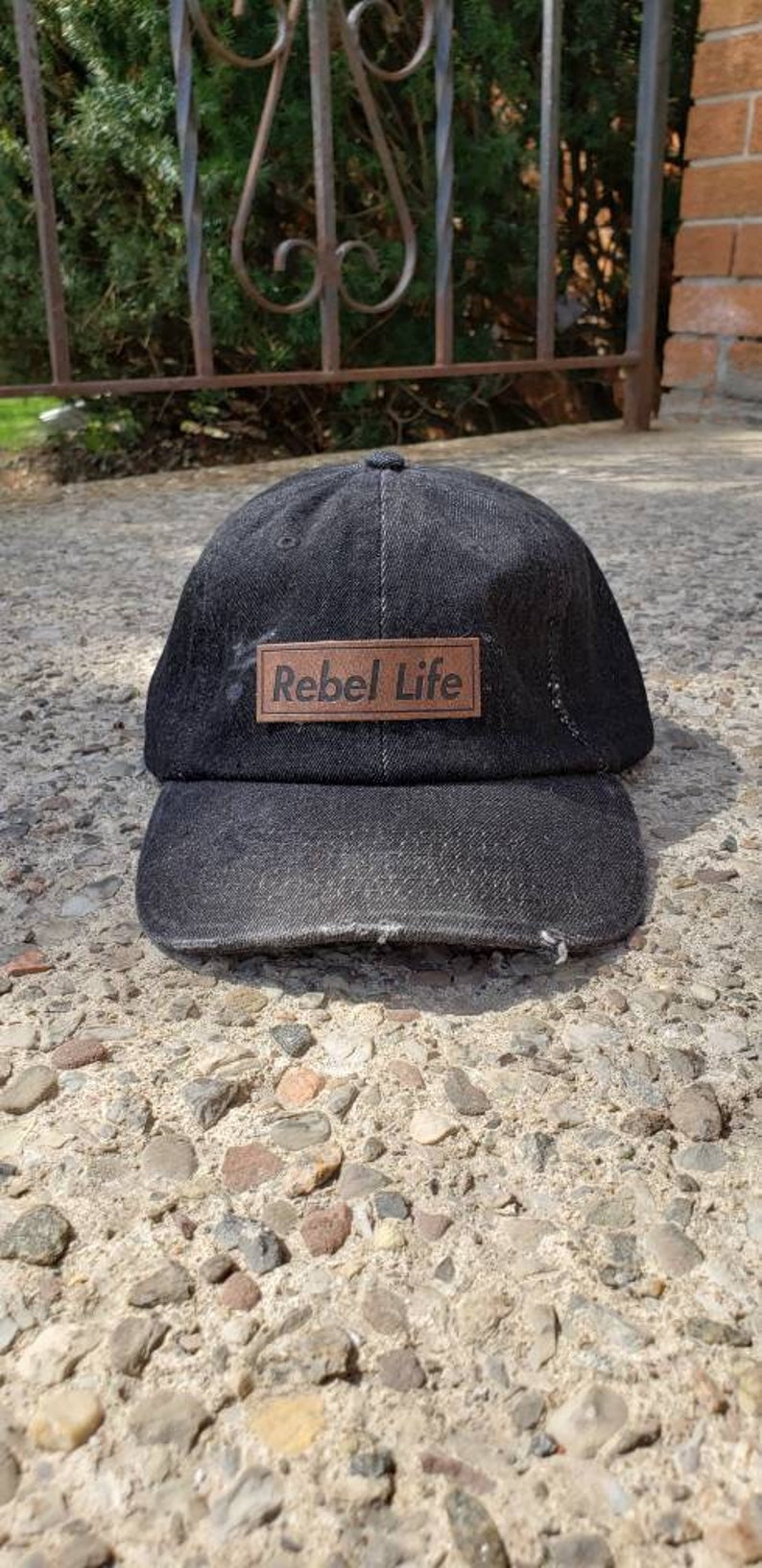 Distressed Rebel life hat in black denim image 1