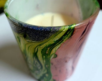 Chakra inspired art on votive candle espresso glass