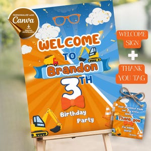 Puede incluir: Un conjunto de letreros de bienvenida y etiquetas de agradecimiento para una fiesta de cumpleaños. El letrero es naranja y azul con el texto "Bienvenido a Brandon 3er cumpleaños". La etiqueta de agradecimiento es naranja y blanca con el texto "Gracias".