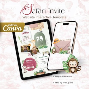 Puede incluir: Una plantilla de invitación digital con temática de safari, mostrada en una tableta y un teléfono inteligente. El diseño incluye ilustraciones de jirafas, monos y cebras. El texto incluye "Safari Invite", "Website Interactive Template" y "Edit in Canva".