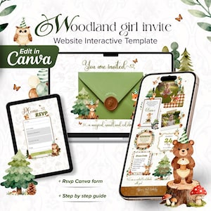 Puede incluir: Una plantilla de invitación digital interactiva para Canva con ilustraciones de animales del bosque, incluyendo un oso, un búho y un zorro. El diseño muestra un sobre verde, un formulario RSVP y detalles del evento en pantallas.