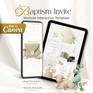 May include: A digital invitation template for a baptism, displayed on a smartphone and tablet. The design features a lamb, an envelope, and the text "Baptism Invite." The template is editable in Canva and includes an RSVP form and a step-by-step guide.