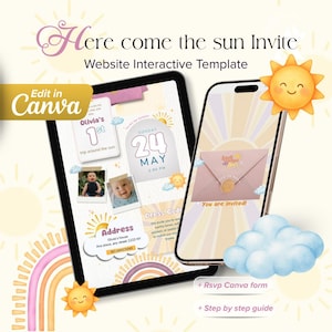 Puede incluir: Una plantilla de invitación digital con el texto "Here come the sun Invite" y "Edit in Canva". El diseño presenta una tableta y un teléfono inteligente que muestran la invitación, junto con gráficos de un sol sonriente, un arcoíris y nubes. La invitación incluye la fecha, la hora y la dirección.