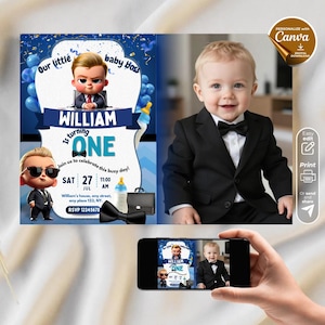 Baby business Birthday Invitation with photo, Little Suit and Tie Party Invite, Editable Canva Template, little boss Theme, Digital Download
