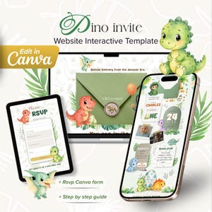 May include: A digital invitation template with a dinosaur theme. The design includes a tablet, a laptop, and a smartphone displaying invitation details. The text "Dino Invite" and "Edit in Canva" are visible. The invitation features cartoon dinosaurs and a RSVP form.