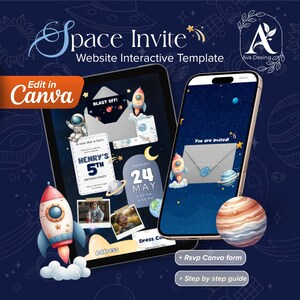 Puede incluir: Una plantilla de invitación digital con temática espacial, con un cohete, planetas y un astronauta. El diseño incluye el texto "Space Invite" y "Edit in Canva". La invitación se muestra en una tableta y un teléfono inteligente.
