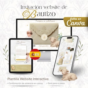 Puede incluir: Una plantilla de sitio web interactivo para bautizo mostrada en un monitor de computadora, una tableta y un teléfono inteligente. El diseño presenta una paleta de colores crema y oro con ilustraciones de un cordero, un niño y un sobre. El texto incluye "Invitación website de Bautizo", "Edita en Canva", "Vamos a celebrar", "Click para abrir", "Por favor CONFIRMA TU ASISTENCIA" y "Plantilla Website Interactiva".