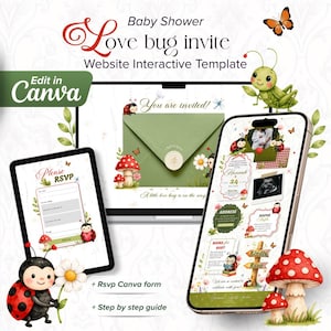 May include: A baby shower invitation template with a "Love bug" theme. The design includes a tablet and smartphone displaying interactive elements, a green envelope, ladybirds, mushrooms, and the text "Edit in Canva".