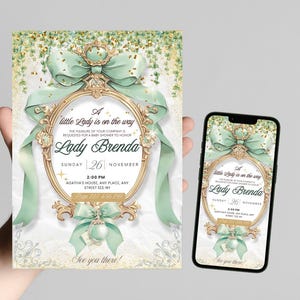 Regency Mint Green Gold Floral Bow Baby Shower Invitation, Little Lady Is On The Way, Editable Canva Template, Digital Invite