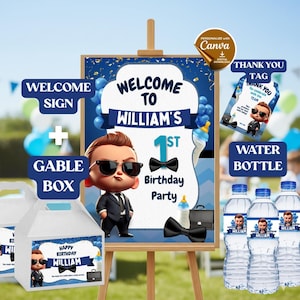 May include: Birthday party decorations including a welcome sign, gable boxes, water bottles, and thank you tags. The design features a cartoon character in a suit and sunglasses, with a blue and white colour scheme.