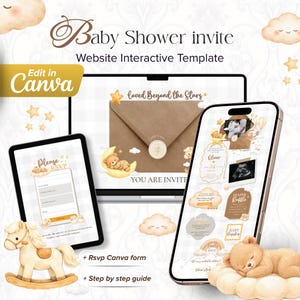 Puede incluir: Una plantilla de invitación digital para baby shower mostrada en una computadora portátil, tableta y teléfono inteligente. El diseño presenta un sobre marrón, un oso de peluche durmiendo sobre una luna amarilla y nubes. El texto incluye "Loved Beyond the Stars" y "RSVP".