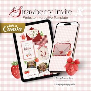 Puede incluir: Una plantilla de invitación digital con temática de fresas. El diseño incluye una tableta y un teléfono que muestran maquetas de invitación. El texto dice "Strawberry Invite" y "Edit in Canva". Fresas decorativas y un fondo de cuadros rosas completan el diseño.