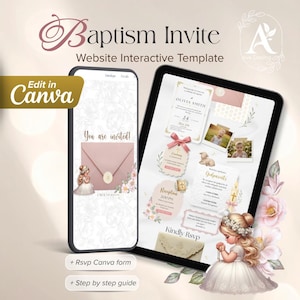 May include: A digital baptism invitation template displayed on a smartphone and tablet. The design features a soft pink and gold color scheme with floral accents and the text "Baptism Invite" and "Edit in Canva". Includes a "Kindly RSVP" section.
