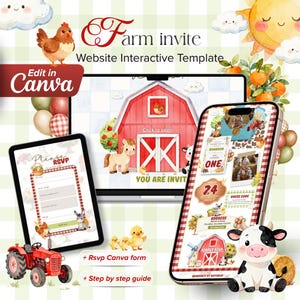 Puede incluir: Una plantilla de invitación interactiva con temática de granja para Canva, mostrada en una computadora portátil, tableta y teléfono inteligente. El diseño presenta ilustraciones en acuarela de un granero rojo, animales de granja y texto como Farm invite, Website Interactive Template y RSVP.