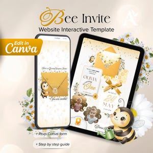 Puede incluir: Una plantilla de invitación digital con tema de abeja. El diseño presenta un teléfono inteligente y una tableta que muestran la invitación, con el texto "Bee Invite" y "Edit in Canva". La invitación incluye una abeja de dibujos animados, flores y el texto "Olivia is turning One."
