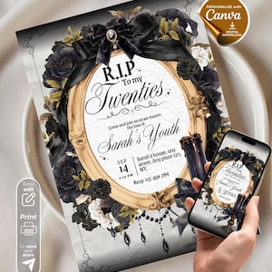 Puede incluir: Una invitación digital con un diseño vintage para una fiesta de "R.I.P. to my Twenties". La invitación presenta un marco dorado, rosas negras y el texto "Sarah's Youth". Un smartphone muestra el mismo diseño. La invitación es personalizable con Canva.