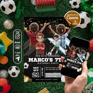 Puede incluir: Una invitación a una fiesta de cumpleaños con temática de fútbol con el texto "MARCO'S 7TH BIRTHDAY PARTY". La invitación presenta ilustraciones de niños con uniformes de fútbol, balones de fútbol y la fecha, 21 de octubre. Un smartphone muestra la invitación.