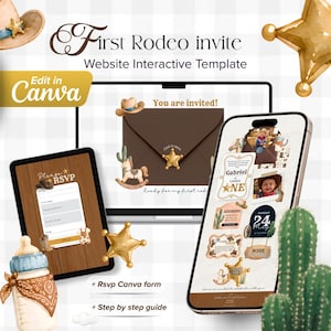May include: A digital First Rodeo interactive website invitation template featuring a brown envelope, cowboy hat, and star graphics. The design includes a Canva-editable RSVP form, a mobile-friendly layout with event details, and western-themed illustrations of cacti and a rocking horse.