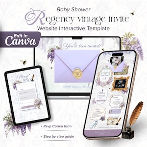 Regency Baby Shower Website Invitation, Vintage Lavender Interactive Invite RSVP, Elegant victorian Wisteria Digital Template Canva