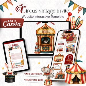 Peut inclure: Un ensemble de modèles d'invitation numérique sur le thème du cirque avec un ordinateur portable et un smartphone affichant des détails interactifs, incluant une billetterie, un lapin dans un chapeau haut de forme et des tentes de cirque.