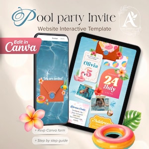 May include: A digital pool party invitation template displayed on a smartphone and tablet. The invitation features a vibrant design with a pool background, floral accents, and the text "Pool party Invite". Includes the text "Edit in Canva".