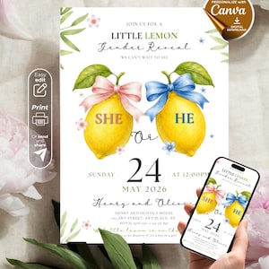 Puede incluir: Una invitación de revelación de género con limones en acuarela, lazos rosas y azules, y las palabras "SHE" y "HE". La invitación también incluye detalles del evento. Descarga digital.