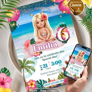 Puede incluir: Una invitación de cumpleaños con una niña de dibujos animados en un fondo de playa. La invitación incluye el nombre "Emilia", el número "6" y los detalles del evento.