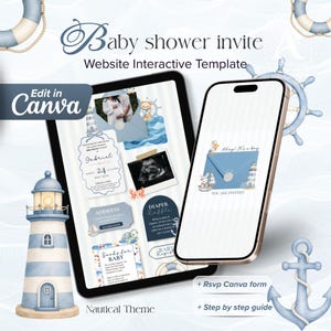 Puede incluir: Una plantilla de invitación digital para baby shower en Canva con temática náutica, rayas azul claro y blancas, un faro, un ancla y un salvavidas. Las pantallas de la tableta y el teléfono muestran detalles interactivos del evento.