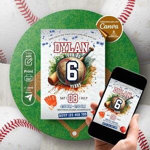 Puede incluir: Una invitación de cumpleaños con temática de béisbol con el nombre "Dylan" y el número "6". El diseño incluye una pelota de béisbol, un bate y un guante, con el texto "Step Up to the Plate and Celebrate with Us!" y detalles del evento.