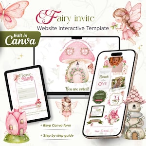 Può includere: Un set di modelli di invito interattivi a tema fate per Canva, che include un laptop, un tablet e uno smartphone che mostrano case a forma di fungo rosa, illustrazioni di fate e moduli RSVP con il testo Fairy invite Website Interactive Template.