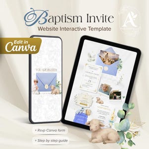 Digital Baptism Website Invitation, Interactive Mobile Invite, blue boy Christening Web, RSVP Canva Template, Electronic Baptismal Card